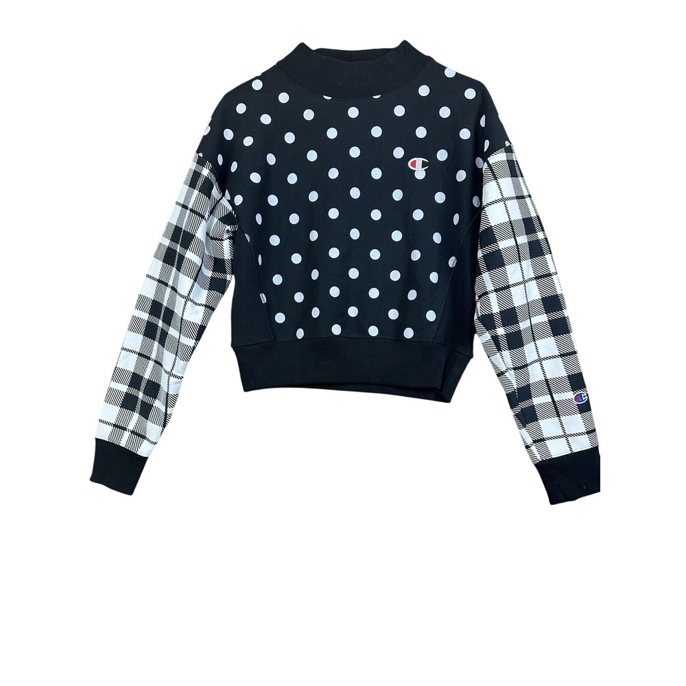 Champion Reverse Weave Sweater Womens Small Black White Polka Dot Plaid Pullover